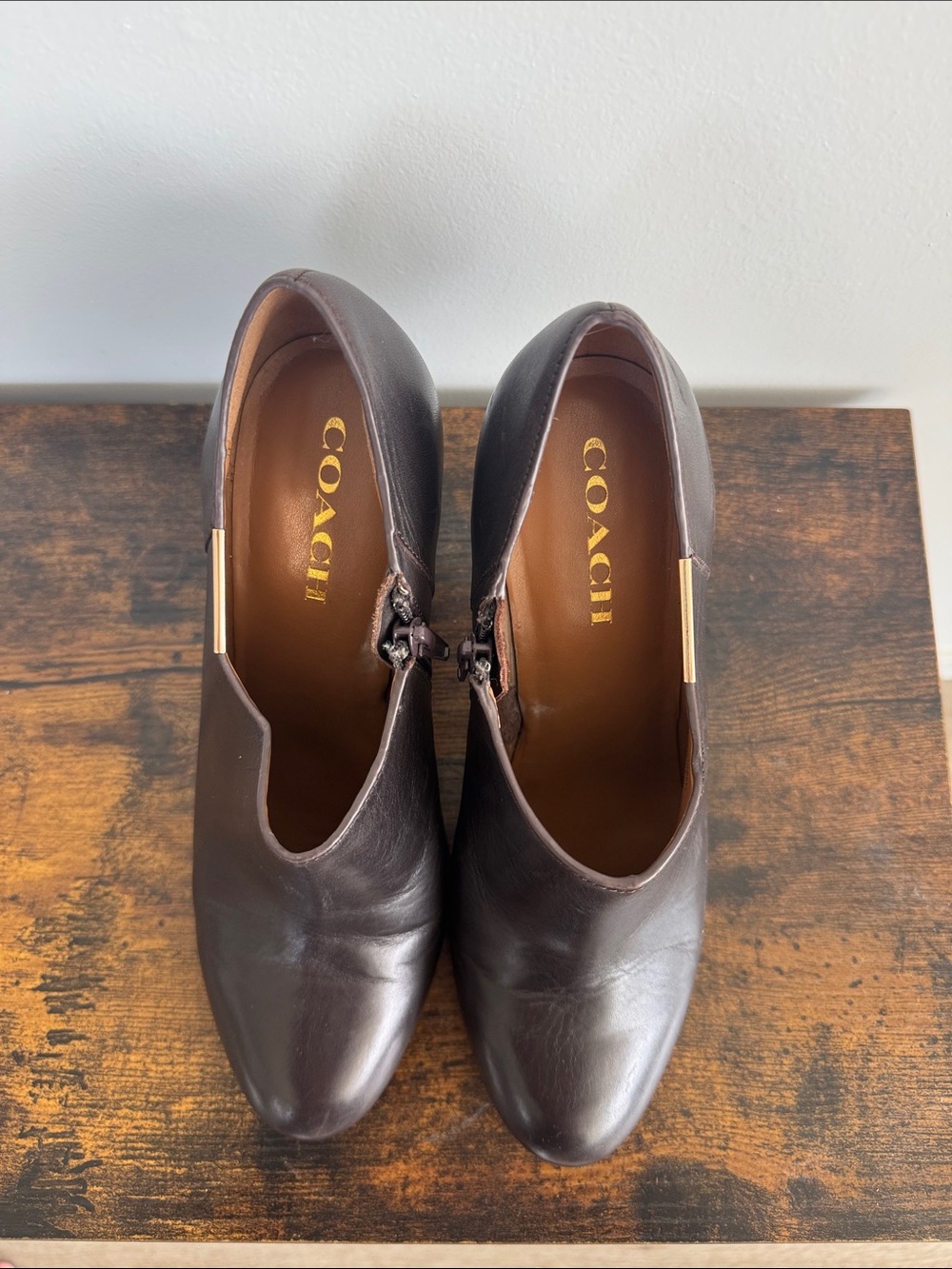 Coach Dark Brown Leather Ankle Booties with Gold Accent - Picture 6 of 12